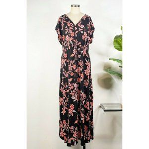 LOFT Beach Womens Floral Print Maxi Dress L Large Black Pink Cap Sleeve V Neck
